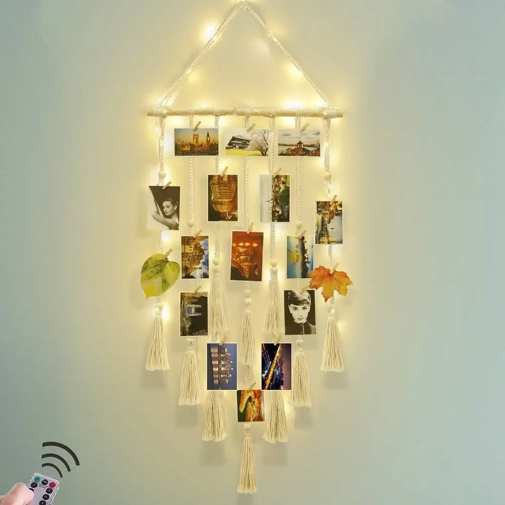 Homecor Macrame Photo Boho Style Display with Lights